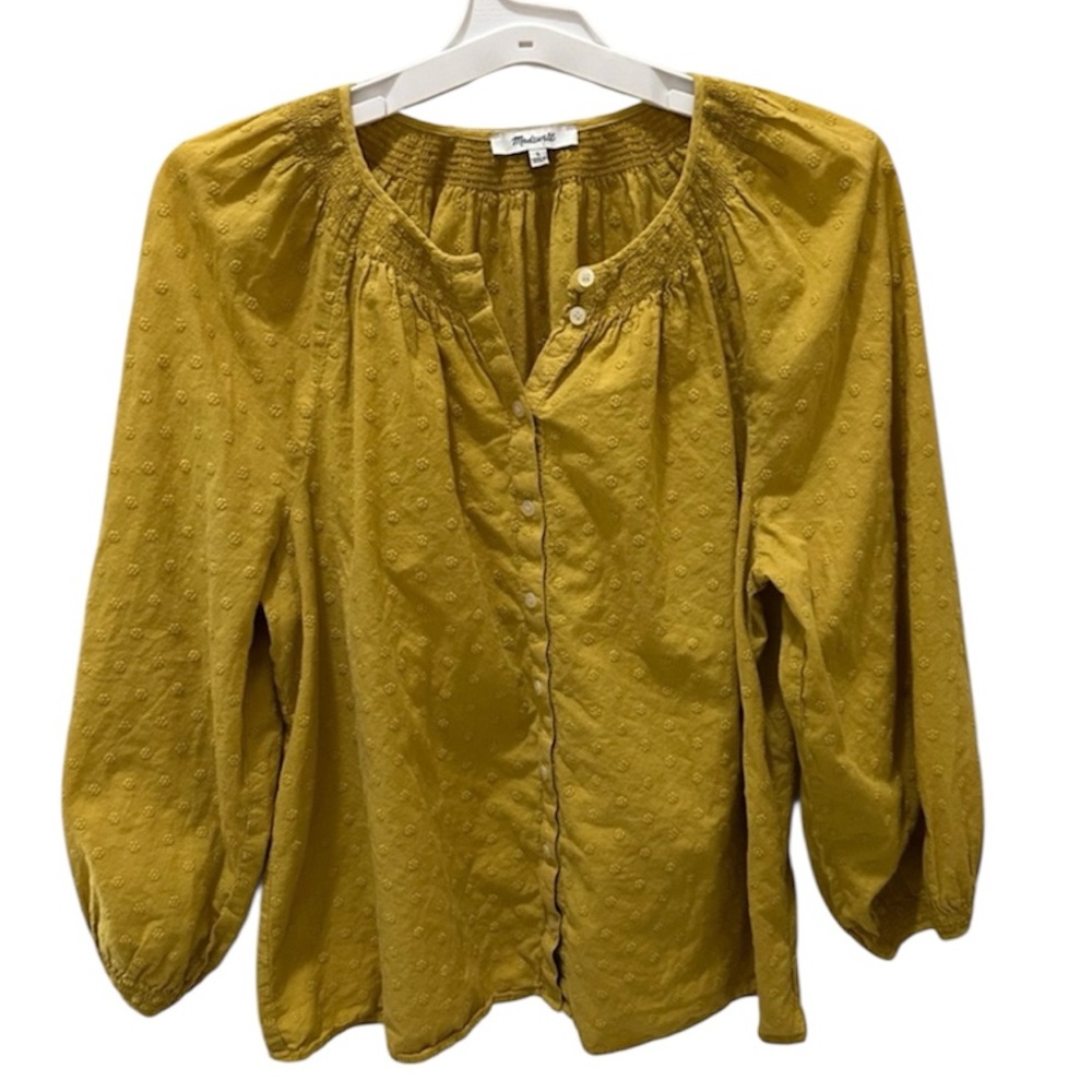 MADEWELL Floral Embroidered Smocked-Neck Raglan button up Top Size Large yellow